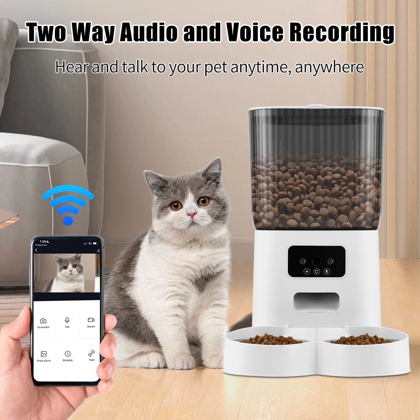 Threes Tree Automatic Cat Feeder with Camera for 2 Pets, Camera 5L Cat Feeder with 2 Stainless Steel Bowls, Remote APP Control