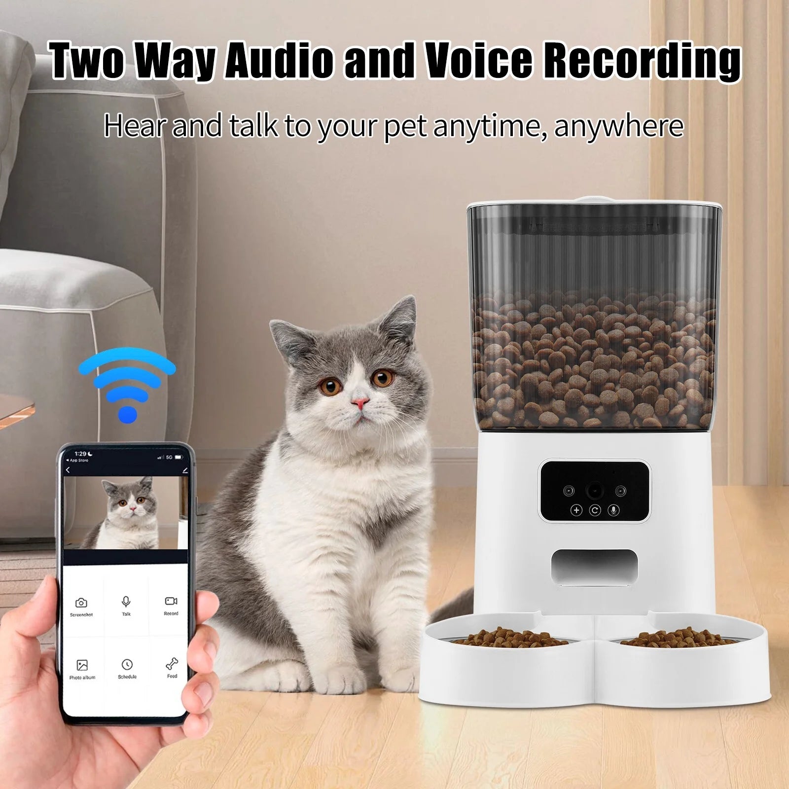 Threes Tree Automatic Cat Feeder with Camera for 2 Pets, Camera 5L Cat Feeder with 2 Stainless Steel Bowls, Remote APP Control
