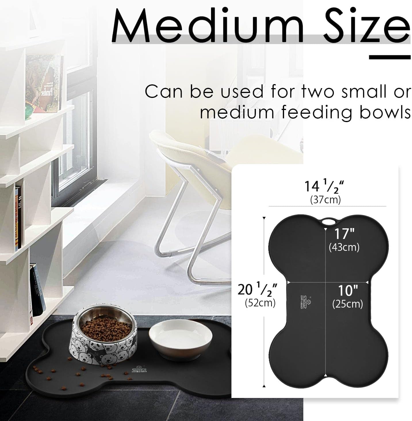 Stylish Waterproof Silicone Dog Food and Water Mat - Non-Spill Cat Feeding Placemat (20.5" x 14.5", Black)