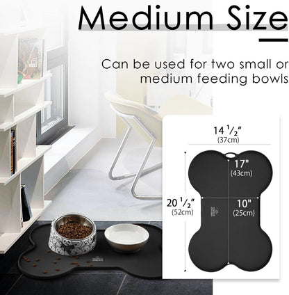 Stylish Waterproof Silicone Dog Food and Water Mat - Non-Spill Cat Feeding Placemat (20.5" x 14.5", Black)