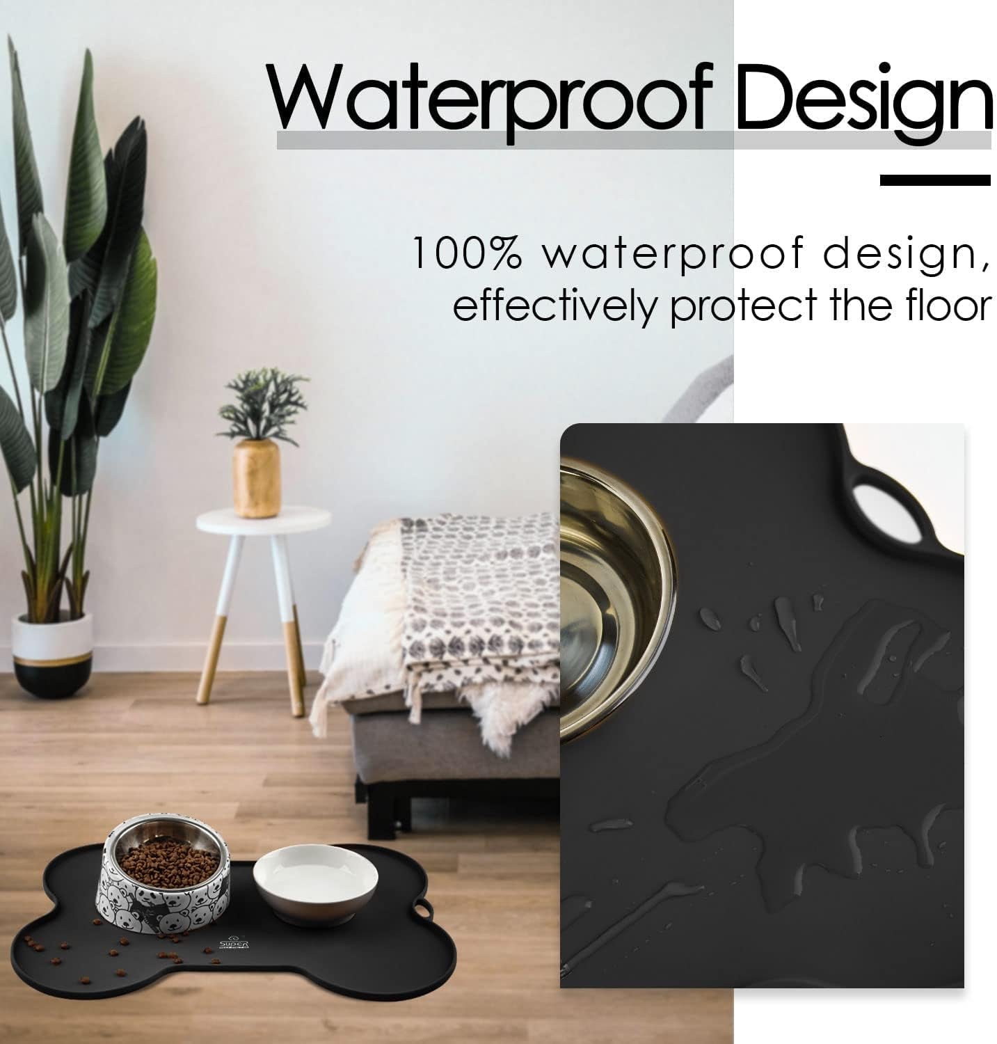 Stylish Waterproof Silicone Dog Food and Water Mat - Non-Spill Cat Feeding Placemat (20.5" x 14.5", Black)