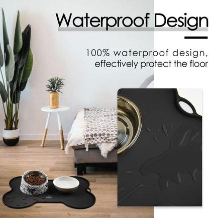 Stylish Waterproof Silicone Dog Food and Water Mat - Non-Spill Cat Feeding Placemat (20.5" x 14.5", Black)