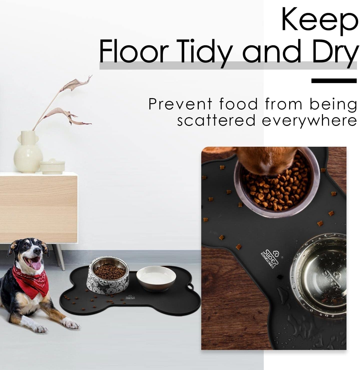 Stylish Waterproof Silicone Dog Food and Water Mat - Non-Spill Cat Feeding Placemat (20.5" x 14.5", Black)