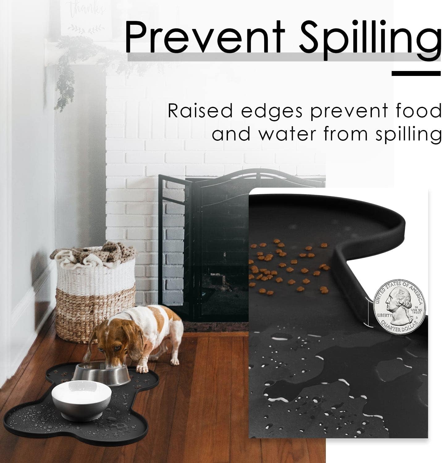 Stylish Waterproof Silicone Dog Food and Water Mat - Non-Spill Cat Feeding Placemat (20.5" x 14.5", Black)