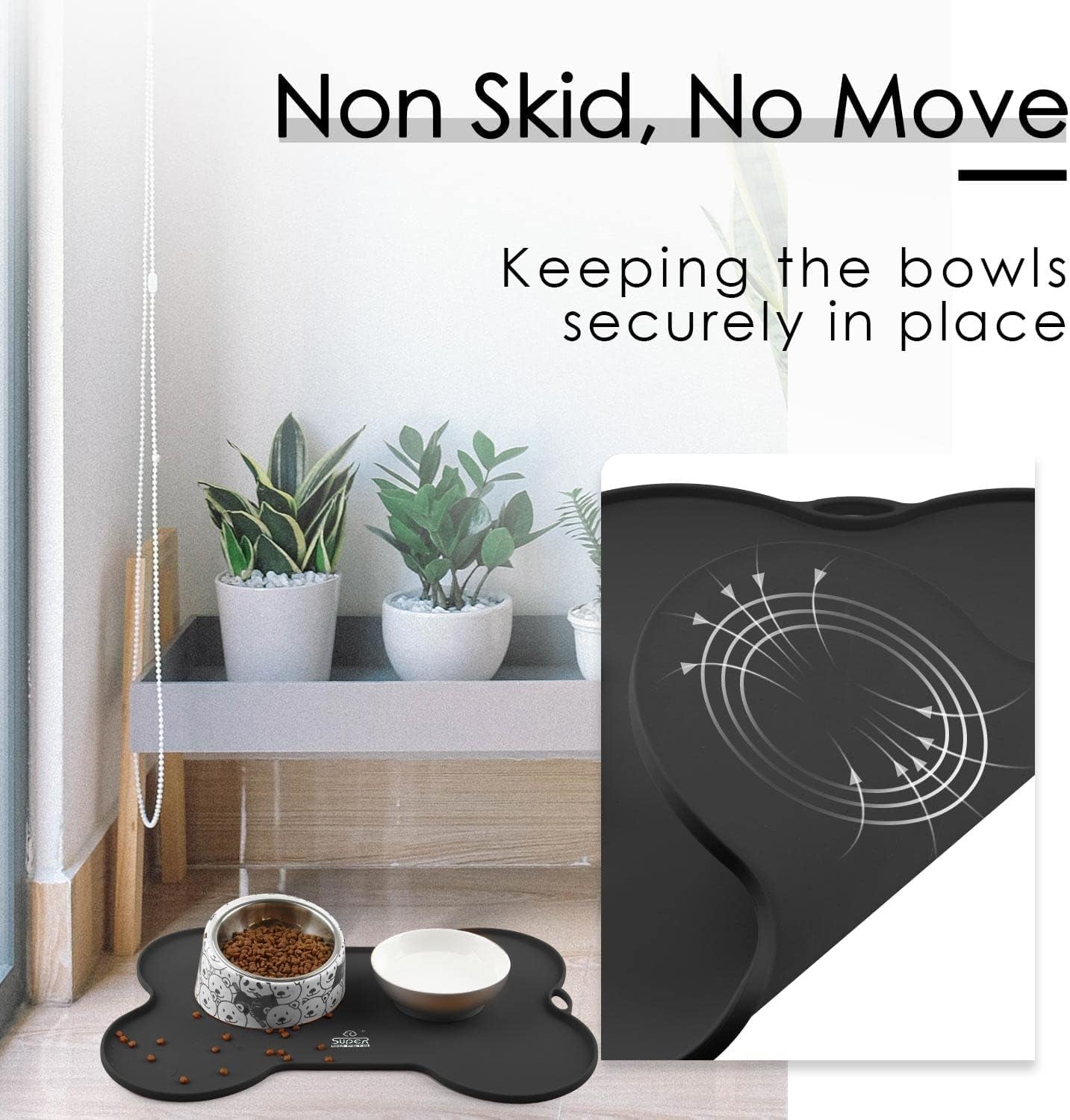 Stylish Waterproof Silicone Dog Food and Water Mat - Non-Spill Cat Feeding Placemat (20.5" x 14.5", Black)