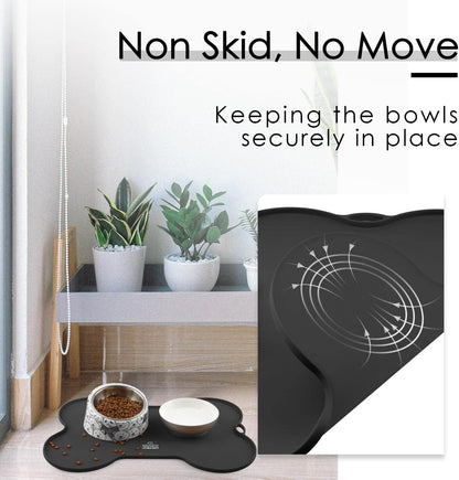 Stylish Waterproof Silicone Dog Food and Water Mat - Non-Spill Cat Feeding Placemat (20.5" x 14.5", Black)