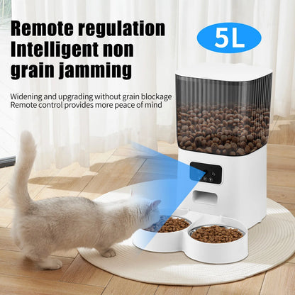 Threes Tree Automatic Cat Feeder with Camera for 2 Pets, Camera 5L Cat Feeder with 2 Stainless Steel Bowls, Remote APP Control