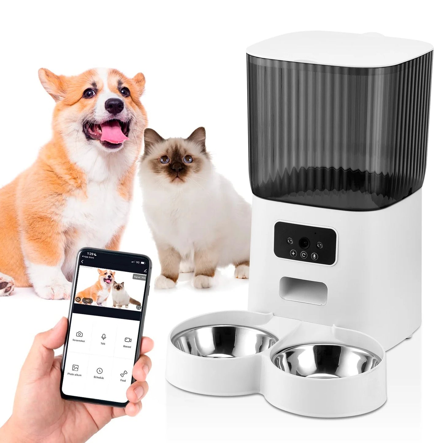 Threes Tree Automatic Cat Feeder with Camera for 2 Pets, Camera 5L Cat Feeder with 2 Stainless Steel Bowls, Remote APP Control