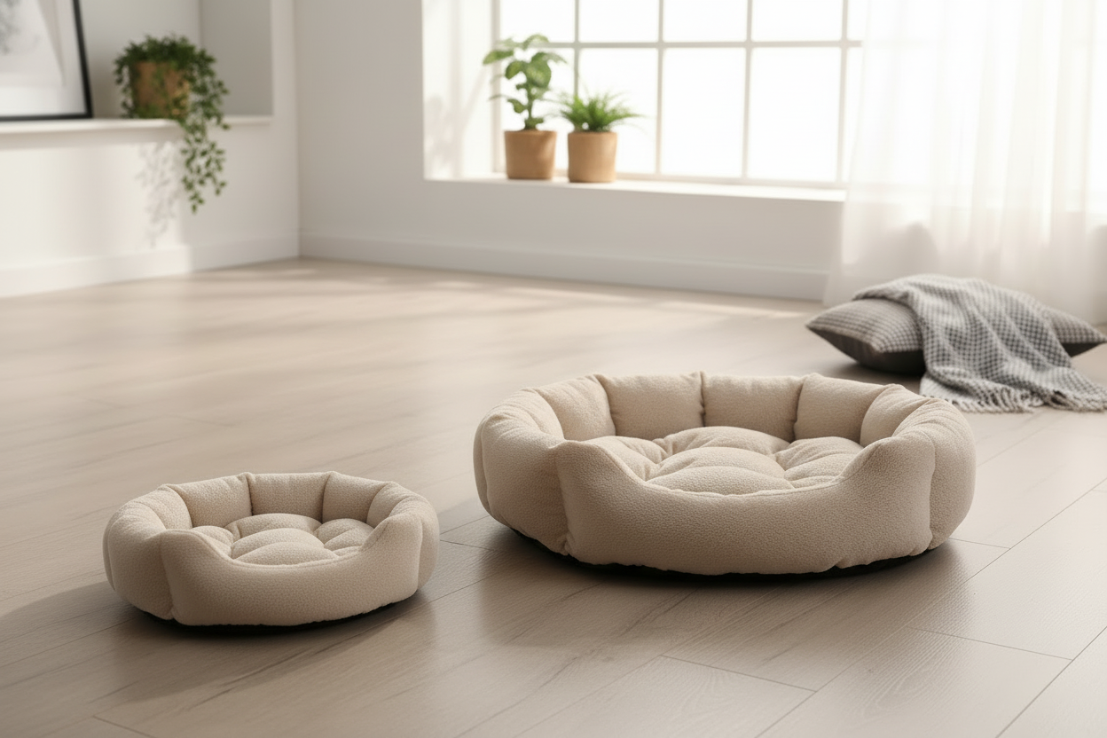 Two beige pet beds on a light wooden floor with a neutral background