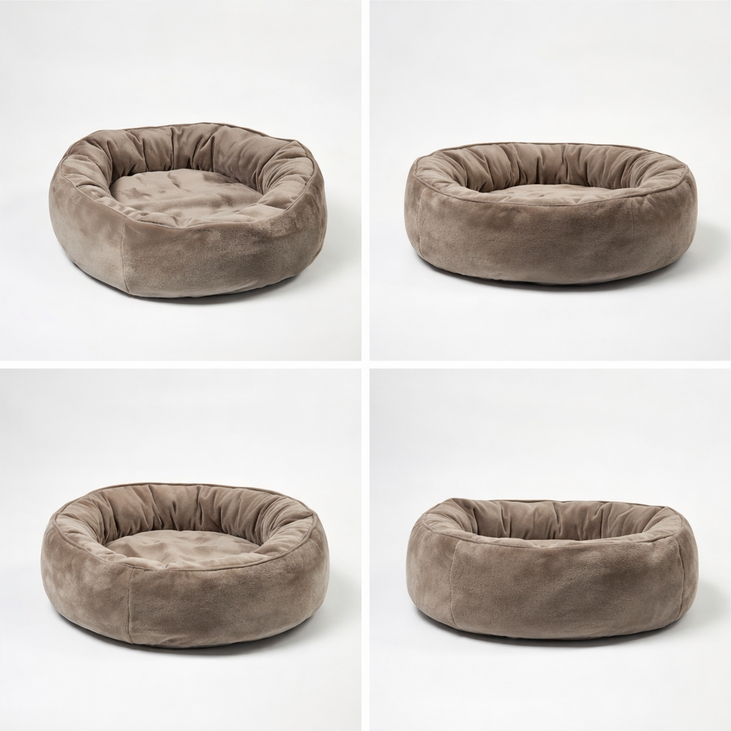 Four views of a brown plush pet bed on a white background