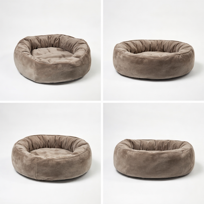 Four views of a brown plush pet bed on a white background